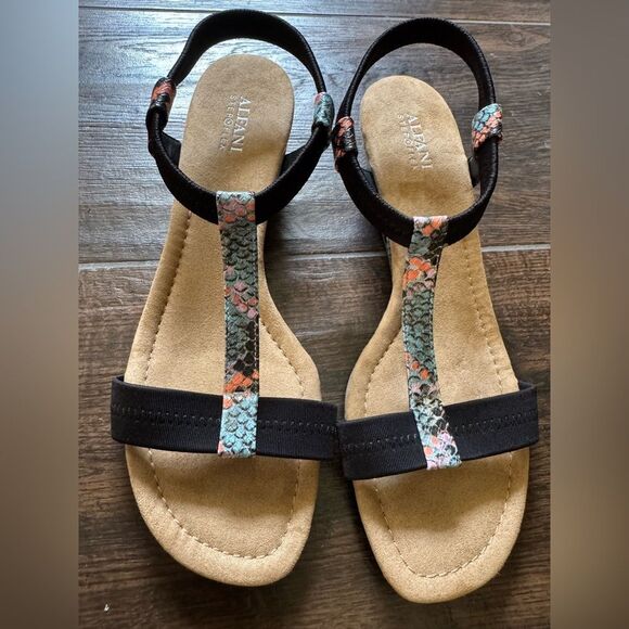 Alfani Vacanzaa Step N Flex Snakeskin Wedge Sandals Black Multi 10M NWOT - Picture 7 of 14